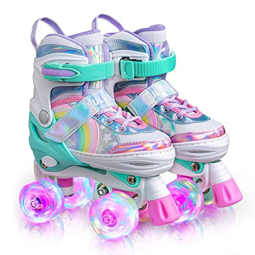 SULIFEEL Rainbow Unicorn 4 Size Adjustable Light up Roller Skates for Girls Boys for Kids Medium