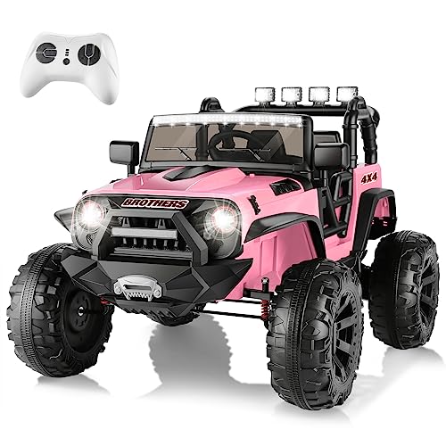 Hikole 24V Ride on Car Truck with Remote Control - 2 Seater, Powerful 2x200W Motor, Spring Suspension, 3 Speeds, Music Player, LED Lights, Electric Car for Boys and Girls, Pink