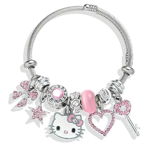 Kueeger Kawaii Pink Bangle Bracelets with Jewelry Box, Adjustable Stainless Steel Bangle Bracelets Anime Cartoon Bracelet Gifts for Women Girls (Kawaii_Pink)