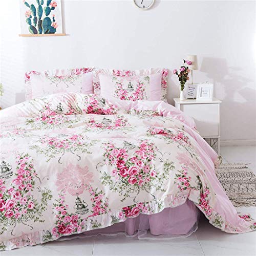 FADFAY Home Textile Pink Rose Floral Print Duvet Cover Bedding Set for Girls 4 Pieces King Size