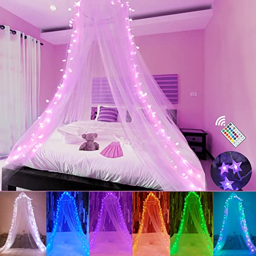 Obrecis Bed Canopy with LED Star Lights, Princess Canopy Bed Curtain with 18 Colors Changing String Lights Remote Timer for Girls Bedroom, Pink Red Blue White Dome Canopy for Twin to King Size Bed