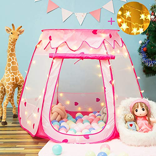 Crayline Pop Up Princess Tent with Star Light, Toys for 1 2 3 Year Old Girl Birthday Gift, Ball Pit for 12-18 Months Toddler Girl Toys, Easy to Pop Up and Assemble