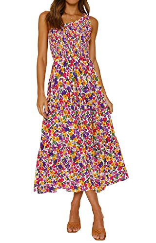 ZESICA Women's 2024 Bohemian Summer Floral Print One Shoulder Sleeveless Smocked Ruffle Tiered Beach Long Midi Dress,Purple,Medium