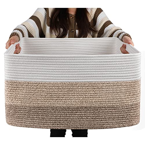 OIAHOMY Large Rectangle Blanket Basket, Woven Nursery Cotton Rope Baskets for Storage, Living Room, Toy Organizing with Handle-22”x17”x12”-Gradient Yellow