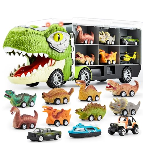 JOYIN 13 in 1 Dinosaur Toys for Kids 3-5, Dinosaur Truck with 12 Pull Back Cars, Dinosaur Cars Set, Birthday Gifts Toys for 3 4 5+ Year Old Boy, Transport Carrier Truck for Toddlers 2-4 Years