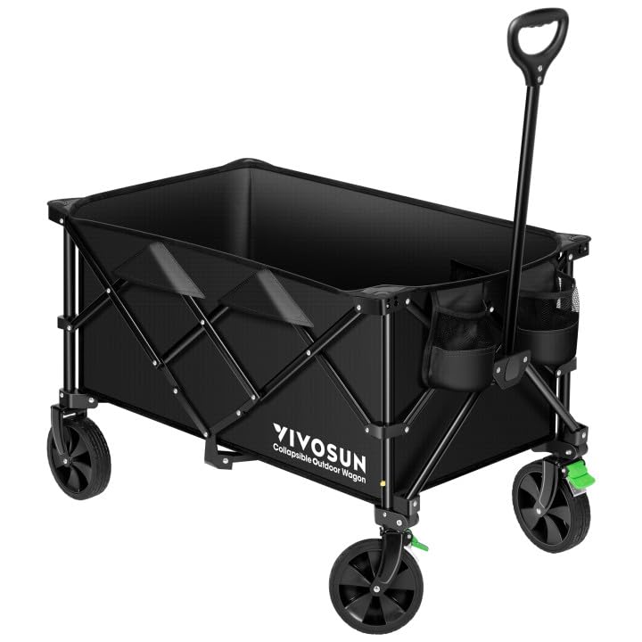 VIVOSUN Collapsible Folding Wagon, Outdoor Utility with Silent Universal Wheels, Cup Holders & Side Pockets, Adjustable Handle, for Camping, Garden, Sports, Picnic, Shopping, Black