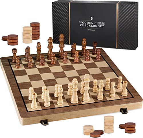 15' Wooden Chess Sets - Chess & Checkers Board Game | with 2 Extra Queens | Chess Set | Chess Board Set | Chess Sets for Adults & Kids | Checkers Game