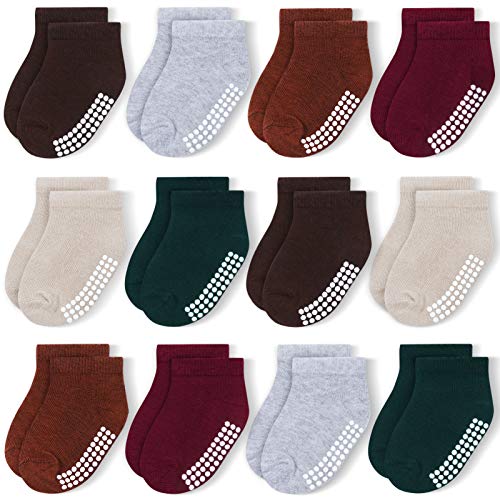 JAKIDAR 12 Pairs Baby Socks Non-Slip Toddler Socks With Grips for Baby Boys Girls - Ankle Low Cut Cotton Socks for Babe and Kids, Red Brown 12-24M