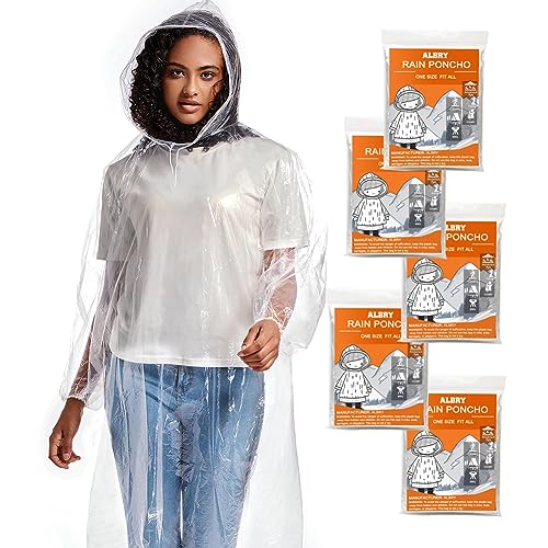 ALBRY Disposable Rain Ponchos for Adults with Drawstring Hood - Emergency Rain Ponchos Family Pack for Women and Men,Clear