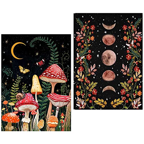 2 Pack Diamond Painting Kits for Adults,5D DIY Mushroom Forest Full Drill Round Art Gems with Moon Diamond Art Perfect for Home Wall Decor Diamond Dotz Inch12x16