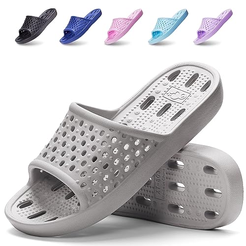 Xomiboe Shower Shoes Men Women Non Slip Bathroom House Slippers College Dorm Room Essentials for Girls Kids Shower Sandals Swimming Water Shoe (Grey,EU44-45)