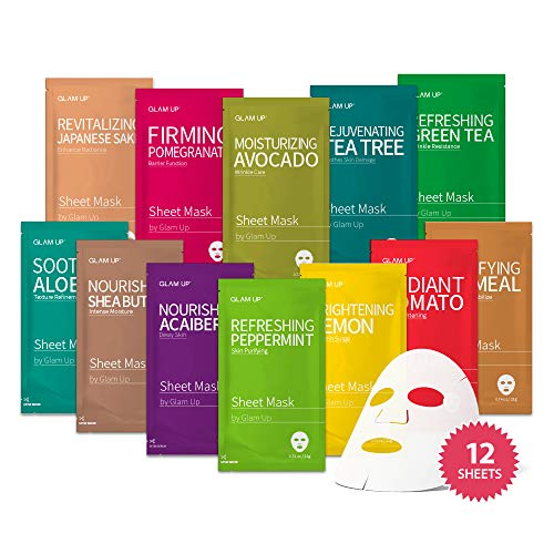 GLAM UP Premium Facial Sheet Mask 12 Combo (Pack of 12) | Clean Face Masks Skincare, Hydrating Face Masks, Moisturizing, Soothing, Beauty Mask For All Skin Type Variety Beauty Mask Set