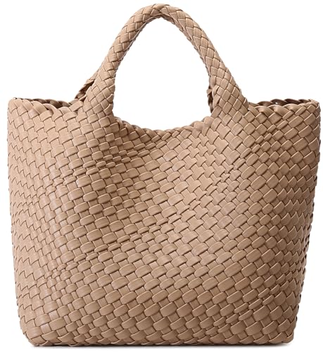Woven Bag for Women, Vegan Leather Tote Bag Large Summer Beach Travel Handbag and Purse Retro Handmade Shoulder Bag (Apricot)
