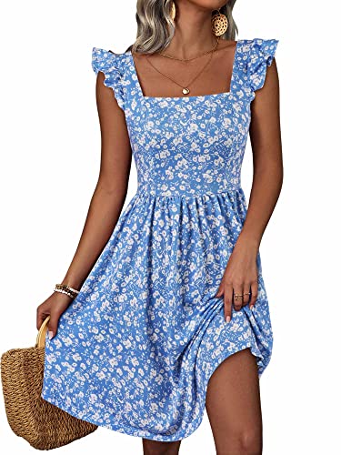 Loemes Summer Dresses for Women 2023 Floral Cute Dresses for Teen Short Wedding Guest Sundresses for Women 2023 Casual Beach Medium Blue Floral