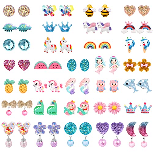 DEVIENG Kids Clip On Earrings for Girls - 32 Pairs Hypoallergenic Clips Earrings Sets Suitable for Ages 4-12 Little Girls, So Cute Small Clips On Earrings Jewelry Gifts Set