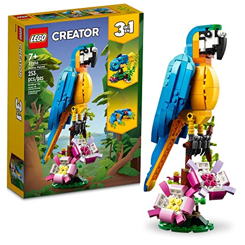LEGO Creator 3 in 1 Exotic Parrot Building Toy Set, Creative Building Toy Easter Basket Stuffer, Transforms from Colorful Parrot to Swimming Fish to Cute Frog, Easter Gift for Kids Ages 7+, 31136