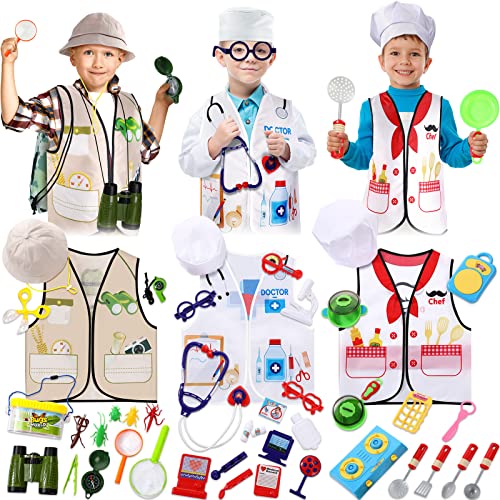 3 Sets Kids Dress up and Pretend Play Clothes for Toddler, Boys Girls Dress up Clothes Costumes, Doctor, Chef, Explorer Vest for Kids Children Pretend Role Accessories