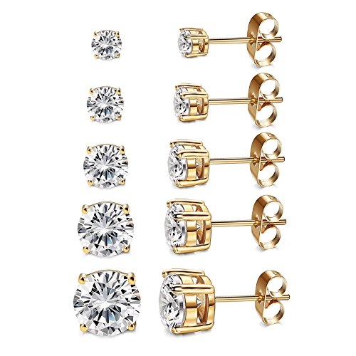Kainier Women's 5 Pairs 14K Gold Plated CZ Stud Earrings Simulated Diamond Round Cubic Zirconia Hypoallergenic Ear Stud Set（5 Pairs)