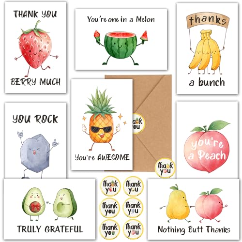 32 Funny Thank You Cards wtih Envelopes & Stickers,Fun Greeting Note Cards 4 x 6 in,Bulk Boxed Set Assortment for Employee Teachers Friends Business Coworker Gratitude Appreciation