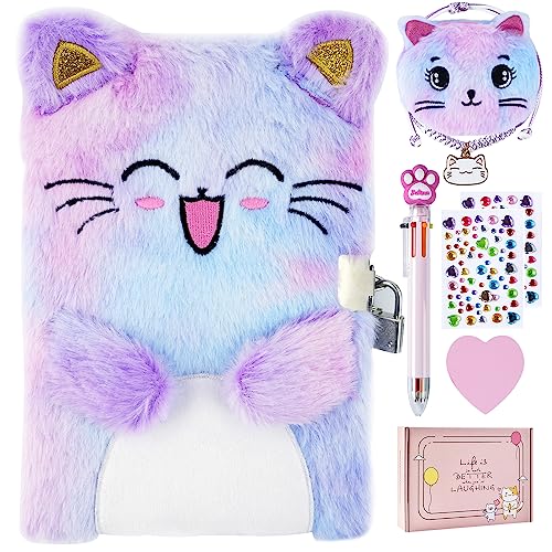 PJDRLLC Cat Diary with Lock, Gift for 6 7 8 Year Old Girl, Secret Diary Journal Notebook with Coin Purse, Bracelet, Multicolored Pen, Post-it Note, Stickers, Practical Gift for Birthday (A Happy Cat)