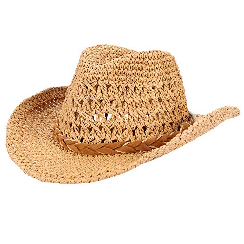 Straw Cowboy Hat Wide Brim Sun Cowgirl Summer Panama with Chin Strap Men Women Sombrero Travel Outdoor Family Khaki, One Size