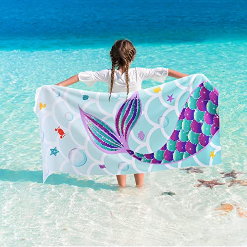 WERNNSAI Mermaid Beach Towel - 30” x 60” Mermaid Tail Polyester Camping Towels for Girls Kids Quick Dry Ultra Absorbent Super Soft Beach Blanket Pool Travel Swimming Bath Shower Towel