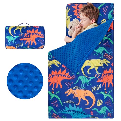 YCDTMY Toddler Nap Mat Extra Large 55‘’*29‘’ for 2-7 Years, Daycare Nap Mats with Removable Minky Blanket and Pillow, Boys Sleeping Mat Nap Mat for Preschool Kindergarten, Sleeping Bag Blue Dinosaur