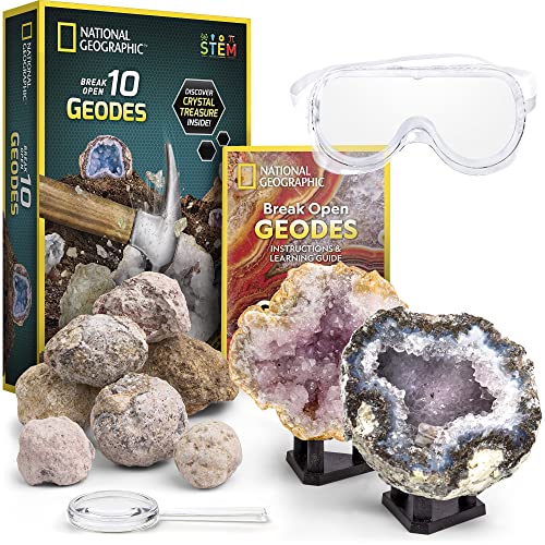 NATIONAL GEOGRAPHIC Break Open 10 Premium Geodes - Includes Goggles and Display Stands - Great STEM Science Kit, Geology Gift for Kids, Geodes Rocks Break Your Own, Toys for Boys and Girls