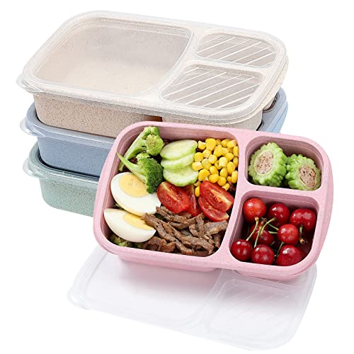 buluker 4 Pack Bento Lunch Box Set 3 Compartment Wheat Straw Meal Prep Food Storage Containers Plastic, Microwave and Dishwasher Safe (3 Compartment)