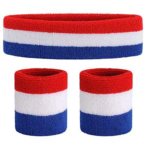 ONUPGO Sweatband Set Premium Sports Headband Wristband Set Sweatbands Terry Cloth Wristband Wrist Sweatband Headbands Moisture Wicking Sweat Absorbing Head Band Red/White/Blue