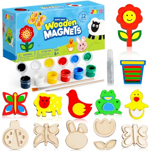 JOYIN 12 Wooden Magnet Creativity Arts & Crafts Painting Kit for Kids, Decorate Your Own Painting Gift for Easter Basket Stuffers, Birthday Parties and Family Crafts, Party Favors for Boys Girls