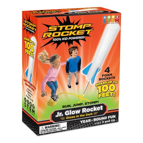 Stomp Rocket Jr Glow Rocket Launcher for Kids - 4 Glow-in-The-Dark Rockets - Outdoor Fun Toy Gift for Boys & Girls - STEM Soft Foam Blaster Set Soars Up to 100 Feet - Ages 3 & Up