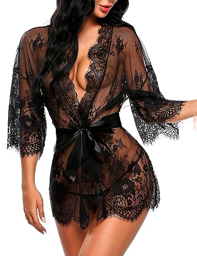 Avidlove lace nightgown lingerie Women's Lace Kimono Robe Babydoll Lingerie Mesh Nightgown Black XL