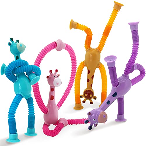 Boxgear 4 Pieces LED Telescopic Suction Cup Giraffe Toy, Shape Changing Telescopic Tube Fidget Toys, Pop Tubes, Fidget Tubes Sensory Toys for Girls Boys (Giraffe)