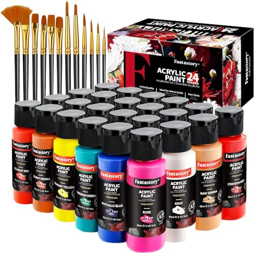 fantastory Acrylic Paint Set, 24 Classic Colors(2oz/60ml), Professional Craft Paint, Art Supplies Kit for Adults & Kids, Canvas/Fabric/Rock/Glass/Stone/Ceramic/Model/Wood Painting with 3 Brushes