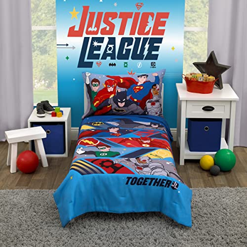 Warner Brothers Justice League Blue, Red, Yellow Powerful Together with Batman, Superman, The Flash, Green Lantern and Cyborg 4 Piece Toddler Bed Set