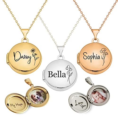 Twenty&Sixty Personalized Circle Locket Necklace for Women, Girl, Kids, Holds Pictures, Birth Flower Personalized & Engraved Picture Locket Necklace Gold/Silver/RoseGold