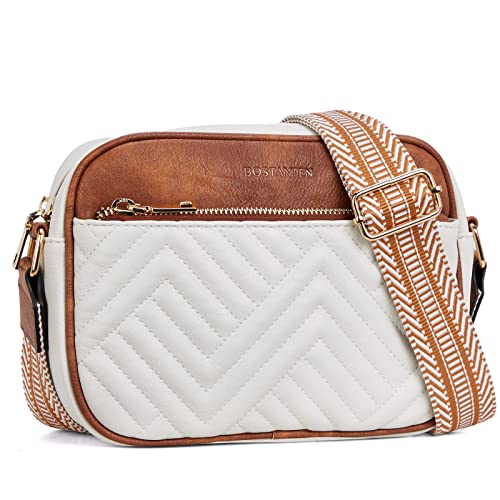 BOSTANTEN Quilted Crossbody Bags for Women Vegan Leather Purses Small Shoulder Handbags with Wide Strap Beige with Brown