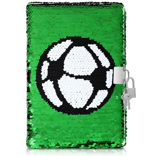 CLISPEED Football Sequin Diary Notebook Journal: Sequin Notebook Reversible Kid Football Pattern Notepad Lined Pages Diary for Girls Boys Sport Gift Secret Diary Notebooks with Lock and Key