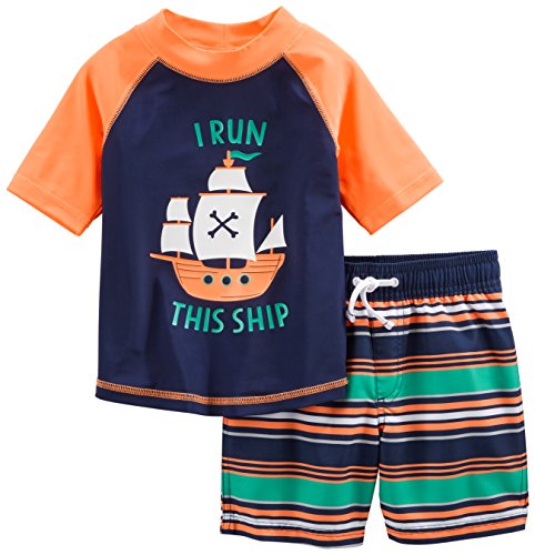 Simple Joys by Carter's Boys' Swimsuit Trunk and Rashguard Set, Navy Orange Ships/White Stripe, 3T