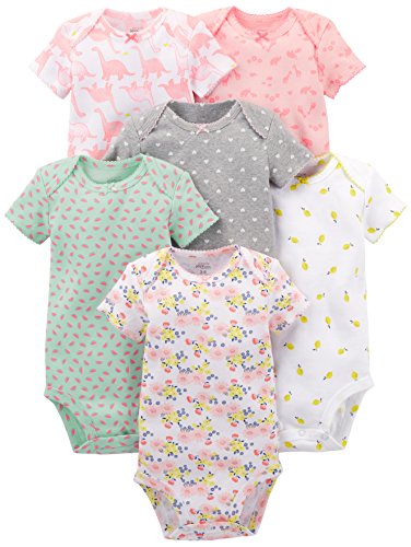 Simple Joys by Carter's Baby Girls' Short-Sleeve Bodysuit, Pack of 6, Multicolor/Dinosaur/Floral/Forest Animals/Fruit/Hearts, 0-3 Months