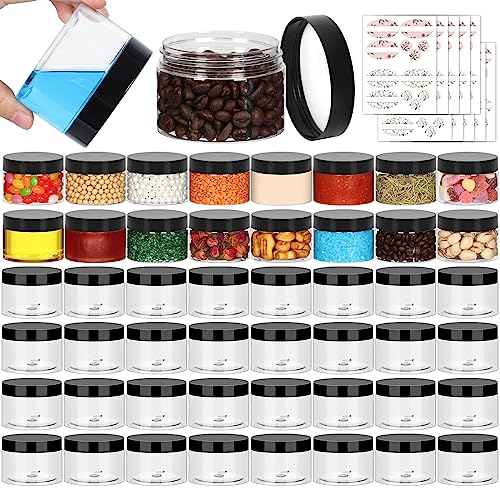 Jaisie.W 4oz Plastic Containers with Lids 48Pack, Clear 4 oz Plastic Jars with Lids&Labels- Refillable Cosmetic Small Containers with Black Screw Lid/Slime Containers (4 fl.oz, 48Pack)