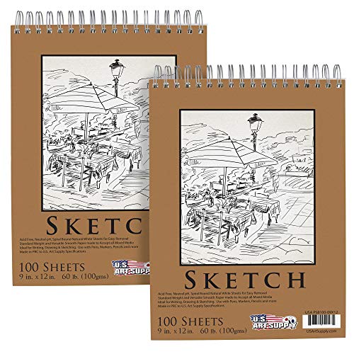 U.S. Art Supply 9x12' Sketch Pad Pack of 2, 100 Sheets Each, 60lb, Acid-Free - For Sketching, Drawing, Graphite, Colored Pencils - For Adults, Students