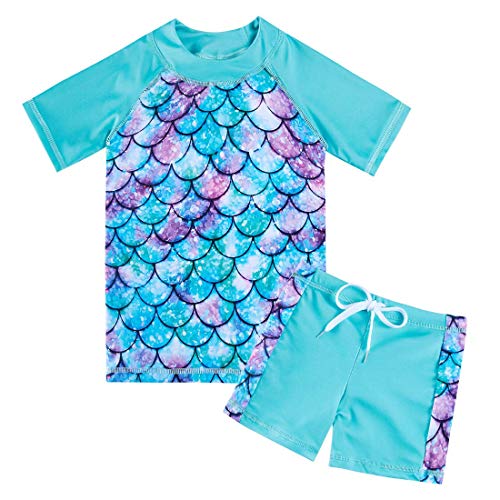 AIDEAONE Girls Swimsuits Short Sleeve Rash Guard Set Cute Mermaid Print 2 Piece Swimwear Summer Beachwear for 6-7 Years