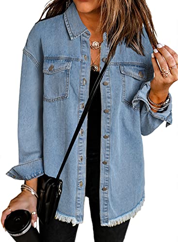 Dokotoo Womens Washed Boyfriend Oversized Lapel Button Up Long Sleeve Denim Trucker Jacket Distressed Ripped Denim Jackets Fashion Distressed Jean Jacket for Women with Pockets, (US 8-10) M,Sky Blue