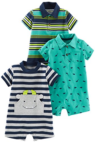 Simple Joys by Carter's Baby Boys' 3-Pack Rompers, Green Dinosaur/Navy Stripe/Yellow Stripe, 18 Months