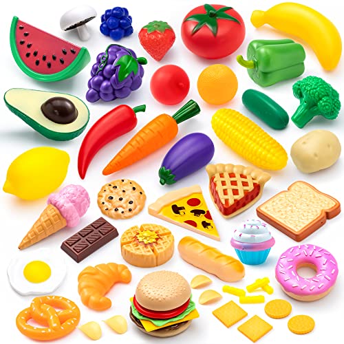 JOYIN 50 Pieces Kids Plastic Play Food Toys, Fake Food, Pretend Kitchen Playset, Toddler Imaginative Development Toys, Fun Educational Game Accessories, Christmas Bithday Gifts Party Supplies