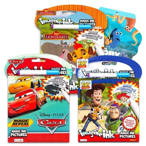 Disney Pixar Magic Ink Coloring Book Super Set - 3 Imagine Ink Books Featuring Toy Story, Lion Guard, Disney Cars with Invisible Ink Pens and Stickers