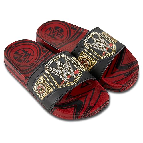 WWE Boys Championship Belt Slides - John Cena, Roman Reigns, Seth Rollins World Wrestling Champion Belt Slip On Slide Sandals (Red Black, 2)
