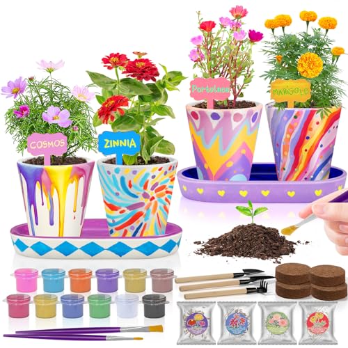 Tekoly 4 Set Paint & Plant Flower Gardening Kit - Gifts for Girls Ages 8-12, Arts and Crafts for Kids Ages 8-12, Kids Gardening Set, Craft Toys Birthday Gifts for Girls Boys Ages 4 5 6 7 8 9 10 11 12